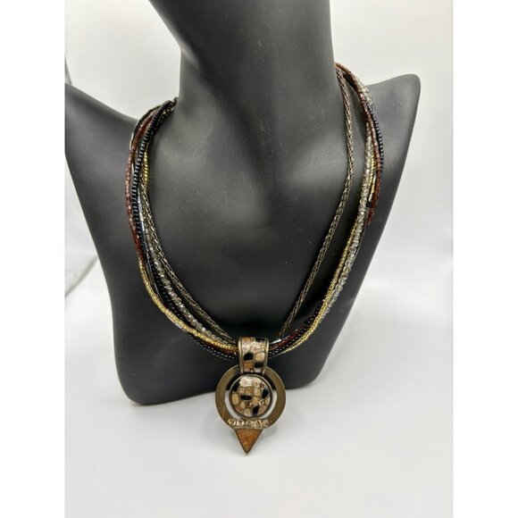 Chico's Multi Strand Beaded Enamel & Rhinestone Pendant Necklace Boho - Picture 1 of 5